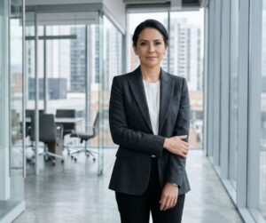 Mujer ejecutiva proyectando autoridad profesional en reunión corporativa. Imagen Sin Filtros
