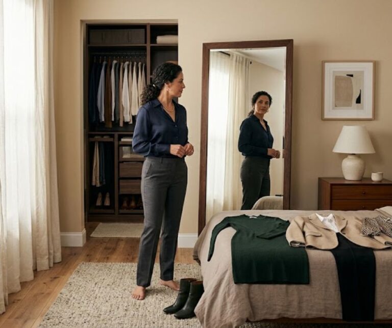 Mujer ejecutiva frente a su clóset eligiendo outfit antes de las 8 a.m., sin una Estrategia de Imagen Personal definida
