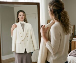Mujer mirando su reflejo con expresión de duda al probar un cambio de imagen personal — Imagen Sin Filtros® Alejandra Angulo