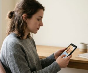 Mujer mirando su reflejo con expresión pensativa, representando la desconexión entre imagen personal y autopercepción — Imagen Sin Filtros® Alejandra Angulo